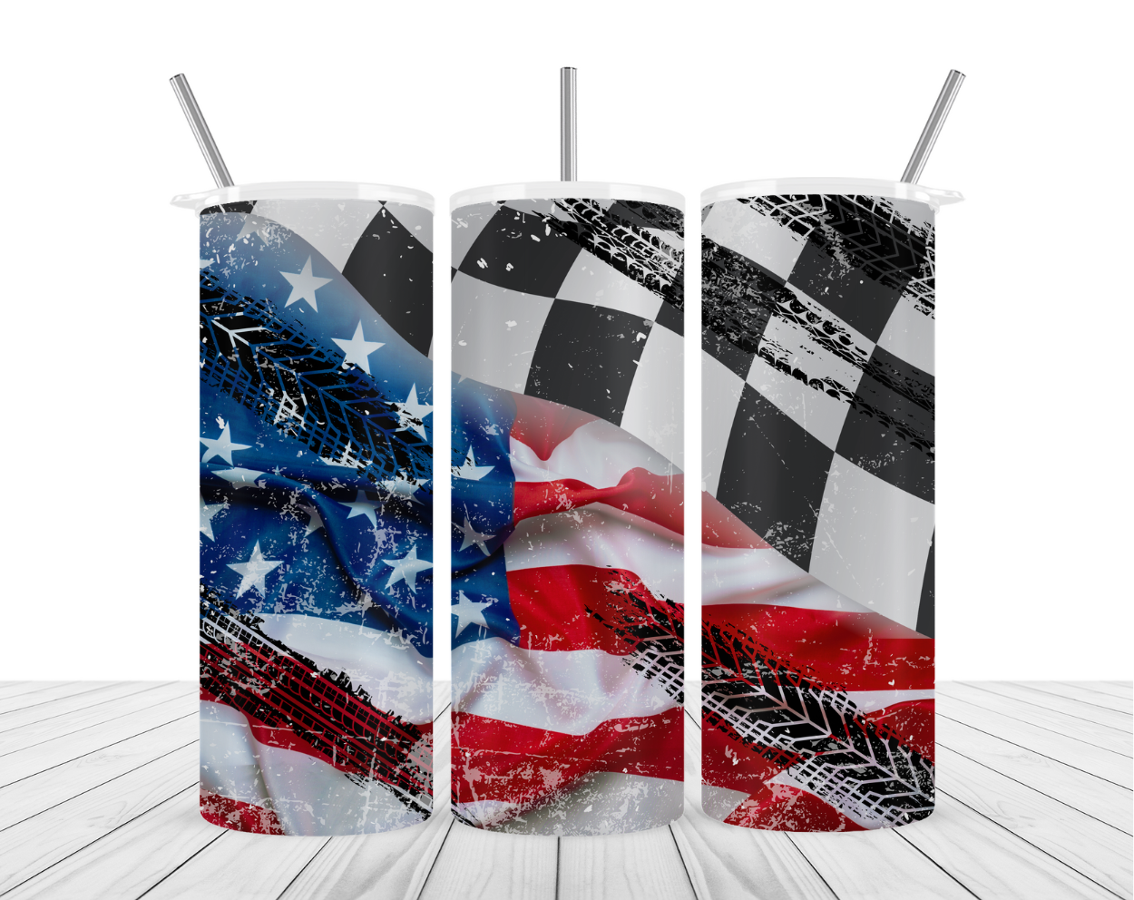 "Distressed American Racing Checkered Flag" Tumbler